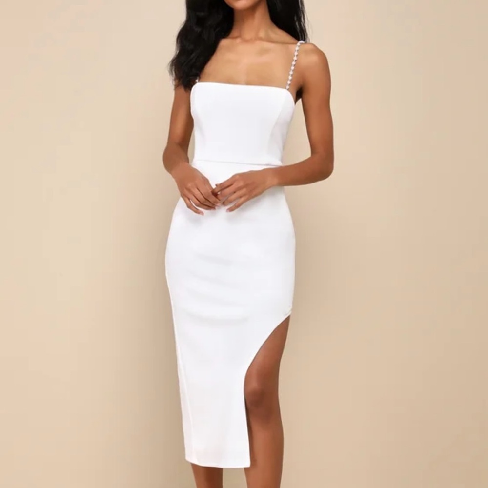 Lulu's White Sheath Midi Dress with Slit and Square Neck